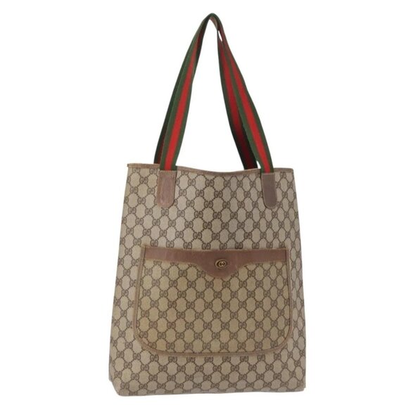 GUCCI GG Supreme Web Sherry Line Tote Bag PVC Beige 41 004 4465 Auth 154422